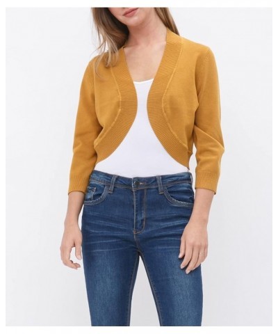 Women's Classic 3/4 Sleeve Bolero Shrug Soft Knit Slim Fit Ribbed Hem Open Front Cropped Cardigan Sweater (S-XL) C005_mustard...