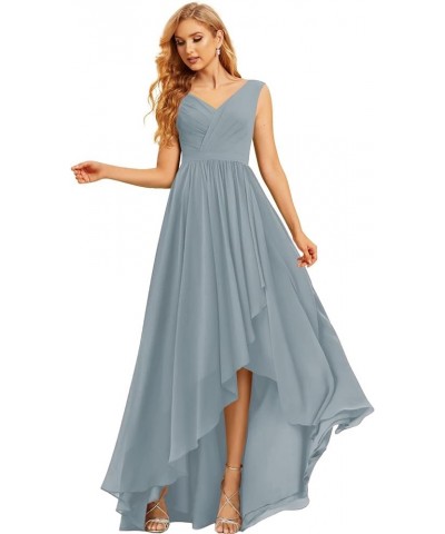 Maxi High Low Long Bridesmaid Dresses Chiffon Ruched Empire Waist Summer Spaghetti Strap Slit Flowy Evening Gowns Light Dusty...