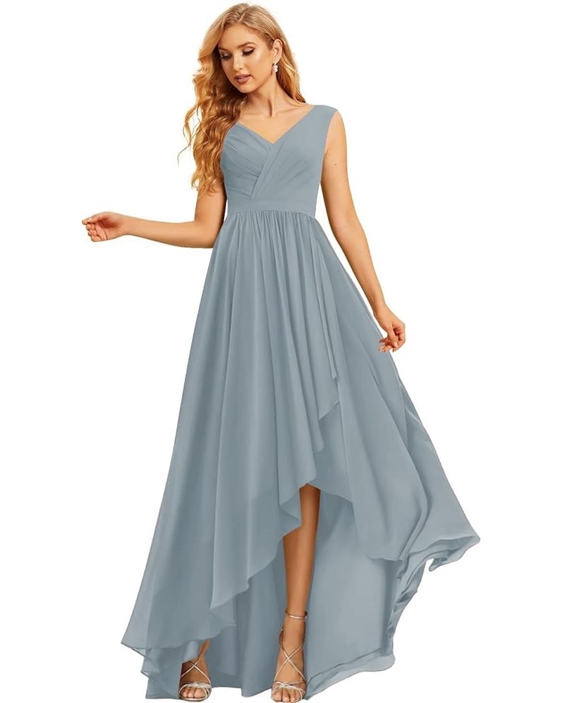 Maxi High Low Long Bridesmaid Dresses Chiffon Ruched Empire Waist Summer Spaghetti Strap Slit Flowy Evening Gowns Light Dusty...