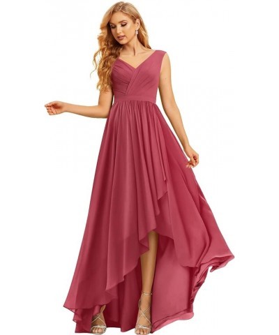 Maxi High Low Long Bridesmaid Dresses Chiffon Ruched Empire Waist Summer Spaghetti Strap Slit Flowy Evening Gowns Light Dusty...