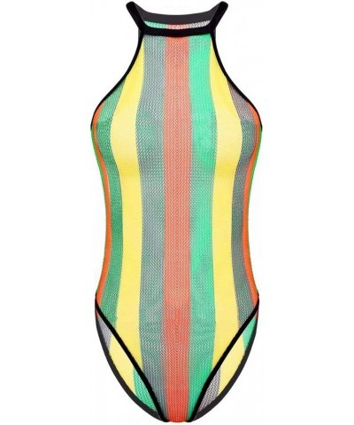 Women Rave Rainbow Striped Push Up Swimsuit Bikini See Through Mesh Bodysuit Beachwear for Dance Festivals Black $14.21 Swims...