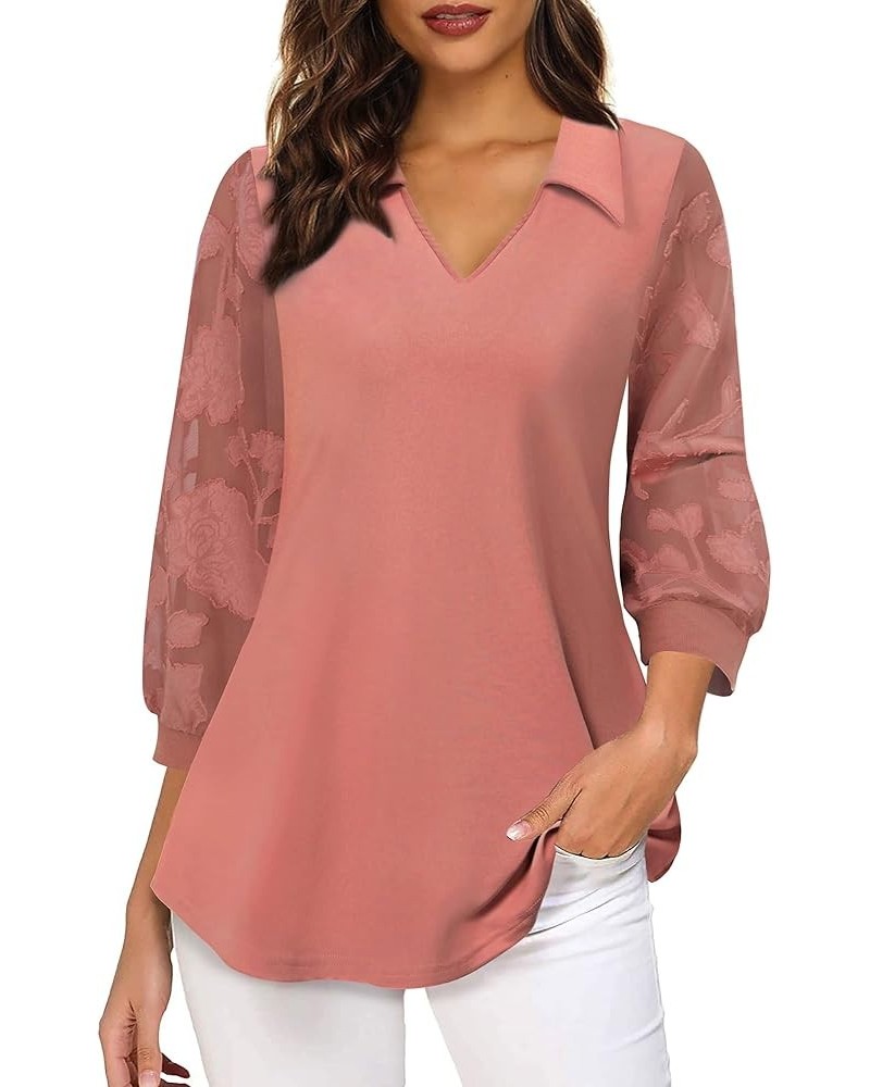 Womens Lantern 3/4 Sleeve Blouse Casual Loose Collared V Neck Tunic Tops Carmine $9.63 Tops