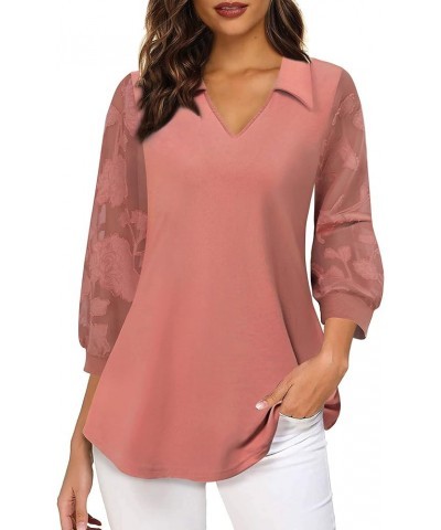 Womens Lantern 3/4 Sleeve Blouse Casual Loose Collared V Neck Tunic Tops Carmine $9.63 Tops