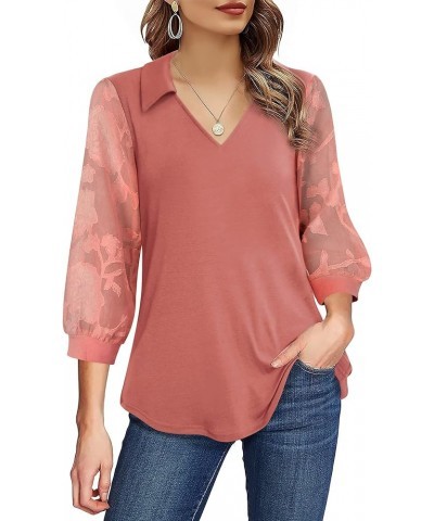 Womens Lantern 3/4 Sleeve Blouse Casual Loose Collared V Neck Tunic Tops Carmine $9.63 Tops