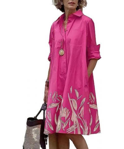 Womens Linen Long Sleeve Midi Printed Button Down Shirt Dress Plus Size Loose Shirt Dresses for Women with 2 Pockets Pink,flo...