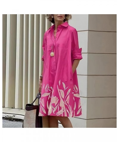 Womens Linen Long Sleeve Midi Printed Button Down Shirt Dress Plus Size Loose Shirt Dresses for Women with 2 Pockets Pink,flo...