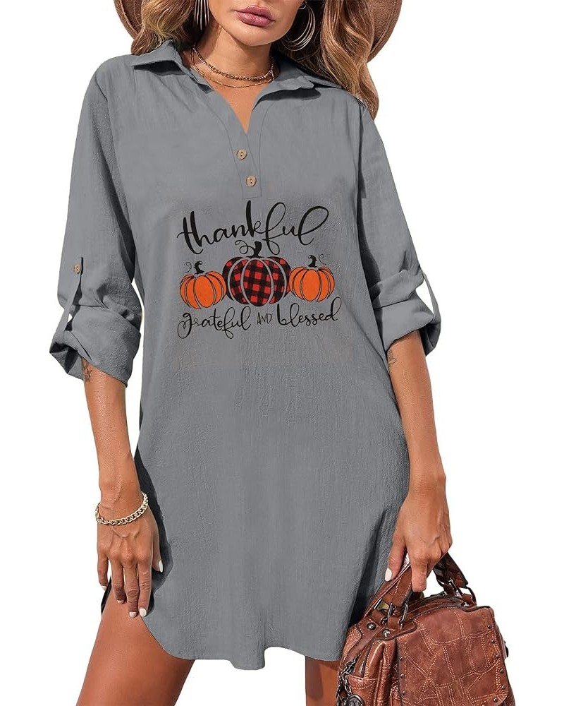 Grateful Thankful Blessed Shirt Women Thanksgiving Fall Button Down Long Sleeve Blouse Cotton Collared Shirt Dress Grey $15.8...