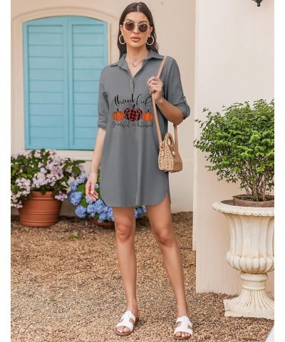 Grateful Thankful Blessed Shirt Women Thanksgiving Fall Button Down Long Sleeve Blouse Cotton Collared Shirt Dress Grey $15.8...