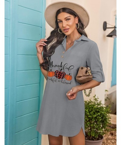 Grateful Thankful Blessed Shirt Women Thanksgiving Fall Button Down Long Sleeve Blouse Cotton Collared Shirt Dress Grey $15.8...