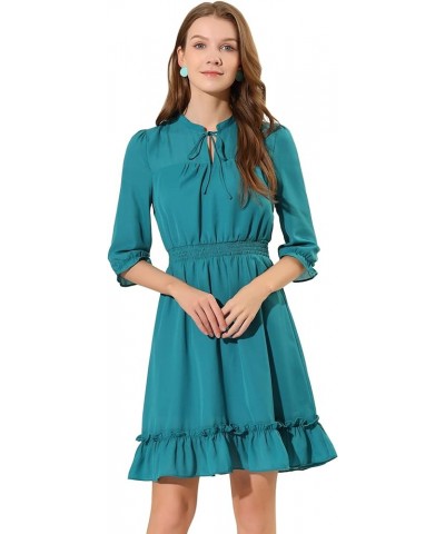 Women's Autumn Wedding Guest Dresses Ruffle Hem 3/4 Sleeve A-Line Smocked Short Chiffon Dress Lake Green $20.99 Dresses