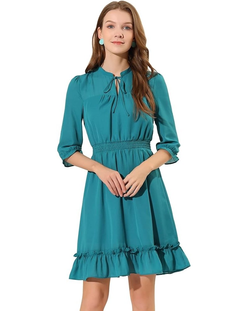 Women's Autumn Wedding Guest Dresses Ruffle Hem 3/4 Sleeve A-Line Smocked Short Chiffon Dress Lake Green $20.99 Dresses