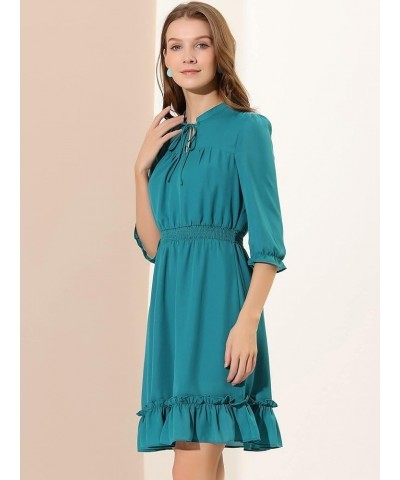 Women's Autumn Wedding Guest Dresses Ruffle Hem 3/4 Sleeve A-Line Smocked Short Chiffon Dress Lake Green $20.99 Dresses