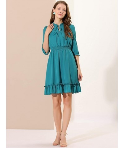 Women's Autumn Wedding Guest Dresses Ruffle Hem 3/4 Sleeve A-Line Smocked Short Chiffon Dress Lake Green $20.99 Dresses