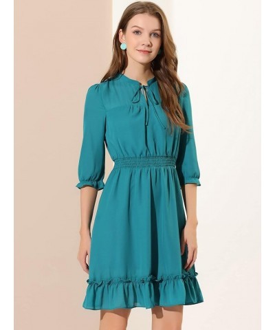 Women's Autumn Wedding Guest Dresses Ruffle Hem 3/4 Sleeve A-Line Smocked Short Chiffon Dress Lake Green $20.99 Dresses