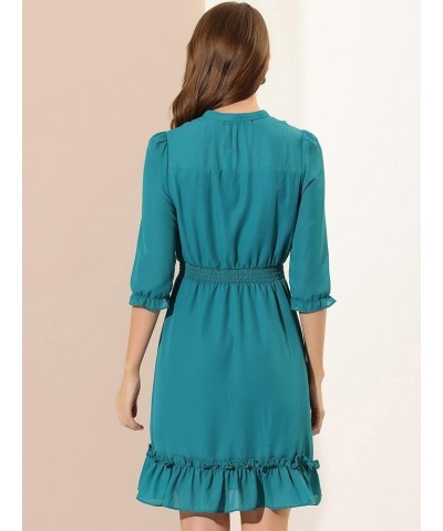 Women's Autumn Wedding Guest Dresses Ruffle Hem 3/4 Sleeve A-Line Smocked Short Chiffon Dress Lake Green $20.99 Dresses