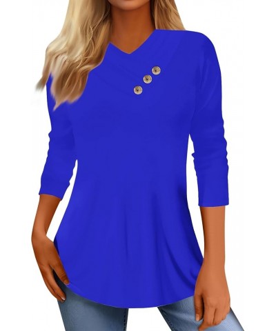 Summer Tops for Women Buttons Neck 3/4 Sleeve Shirt Printed Trendy Patchwork Blouses Tees 04-royal Blue $11.01 T-Shirts