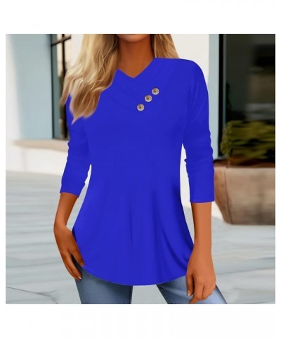 Summer Tops for Women Buttons Neck 3/4 Sleeve Shirt Printed Trendy Patchwork Blouses Tees 04-royal Blue $11.01 T-Shirts