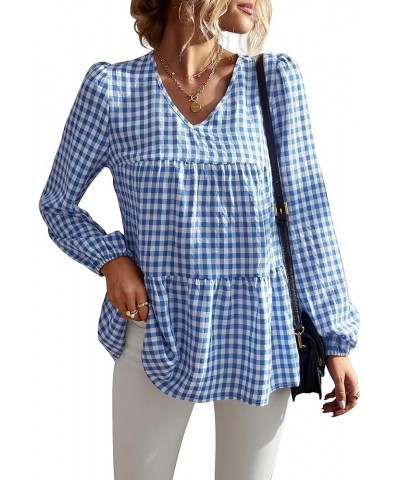 Women's Fall Plaid Tops V Neck Long Sleeve Blouses Shirt Casual Ruffles Loose Tunic Tops Navy Blue-2030 $13.19 Blouses