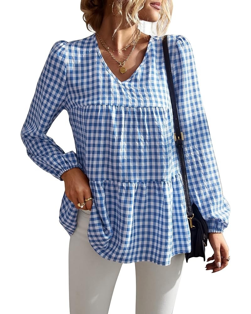 Women's Fall Plaid Tops V Neck Long Sleeve Blouses Shirt Casual Ruffles Loose Tunic Tops Navy Blue-2030 $13.19 Blouses