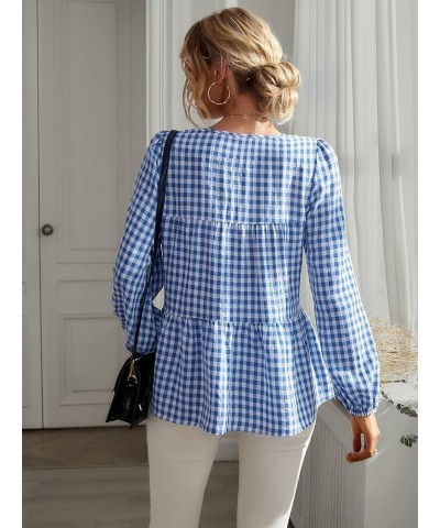 Women's Fall Plaid Tops V Neck Long Sleeve Blouses Shirt Casual Ruffles Loose Tunic Tops Navy Blue-2030 $13.19 Blouses