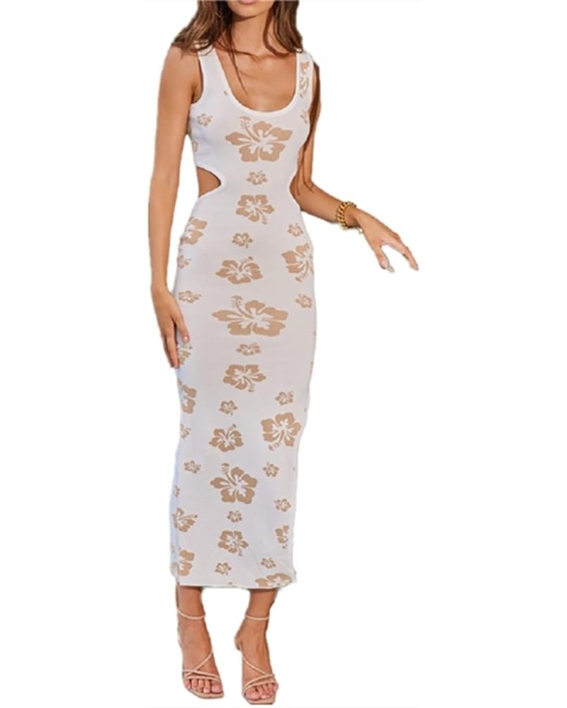 Women Print Spaghetti Strap Long Dress Floral Backless Maxi Bodycon Dress Sleeveless Cutout Bandage Party Dress Knitted Khaki...