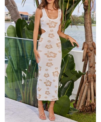 Women Print Spaghetti Strap Long Dress Floral Backless Maxi Bodycon Dress Sleeveless Cutout Bandage Party Dress Knitted Khaki...