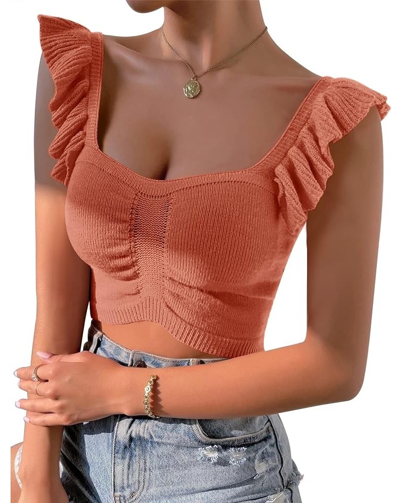 Womens Sleeveless Halter Crop Top Knit Sweater Vest Ribbed Camisole Tank Tops Orange $6.50 Sweaters