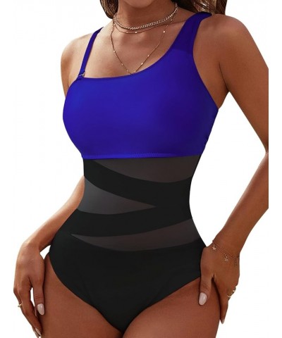 Women's Sexy One Piece Bathing Suits One Shoulder Swimsuits Slimming Mesh Swimwear Blue and Black $16.10 Swimsuits