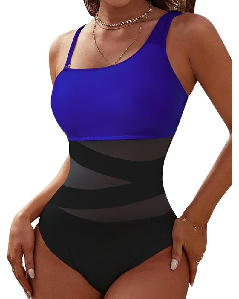 Women's Sexy One Piece Bathing Suits One Shoulder Swimsuits Slimming Mesh Swimwear Blue and Black $16.10 Swimsuits