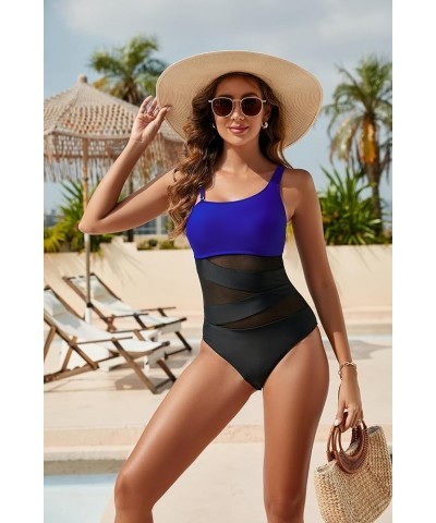 Women's Sexy One Piece Bathing Suits One Shoulder Swimsuits Slimming Mesh Swimwear Blue and Black $16.10 Swimsuits