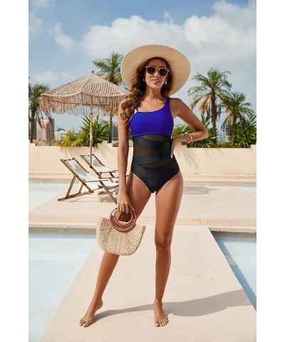 Women's Sexy One Piece Bathing Suits One Shoulder Swimsuits Slimming Mesh Swimwear Blue and Black $16.10 Swimsuits