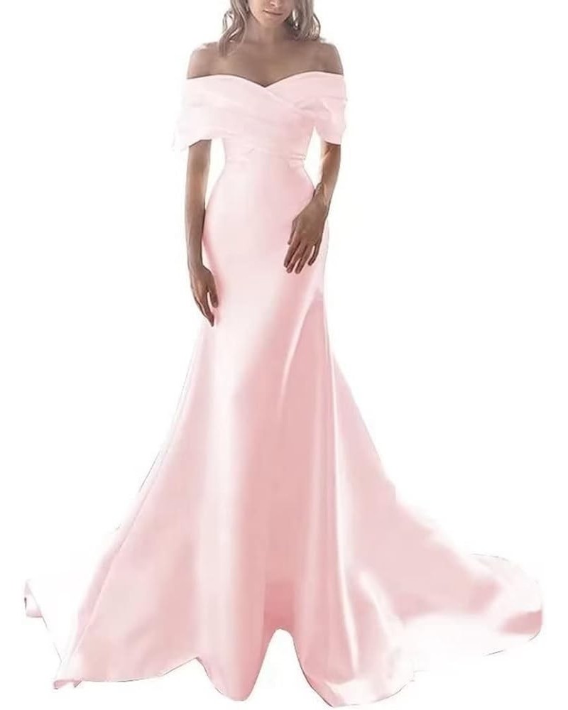 Off Shoulder Mermaid Prom Dresses for Women Satin Long Wedding Dresses for Bride Ruched Formal Evening Gowns Pink $32.25 Dresses