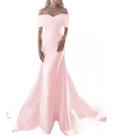 Off Shoulder Mermaid Prom Dresses for Women Satin Long Wedding Dresses for Bride Ruched Formal Evening Gowns Pink $32.25 Dresses