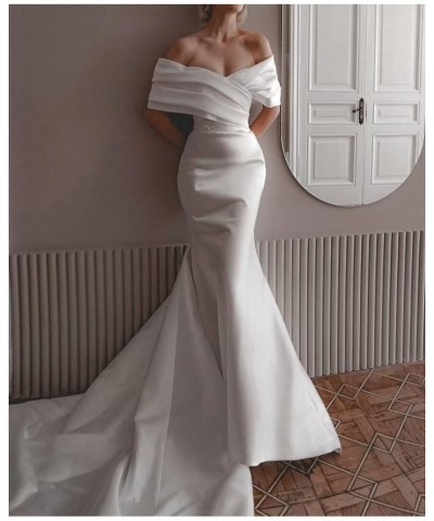 Off Shoulder Mermaid Prom Dresses for Women Satin Long Wedding Dresses for Bride Ruched Formal Evening Gowns Pink $32.25 Dresses