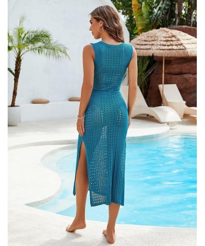 Womens Swimwear Cover Ups Crochet Hollow Out Long Bathing Suit Coverup Bikini Sleeveless Side Split Beach Dress Blue $17.76 S...