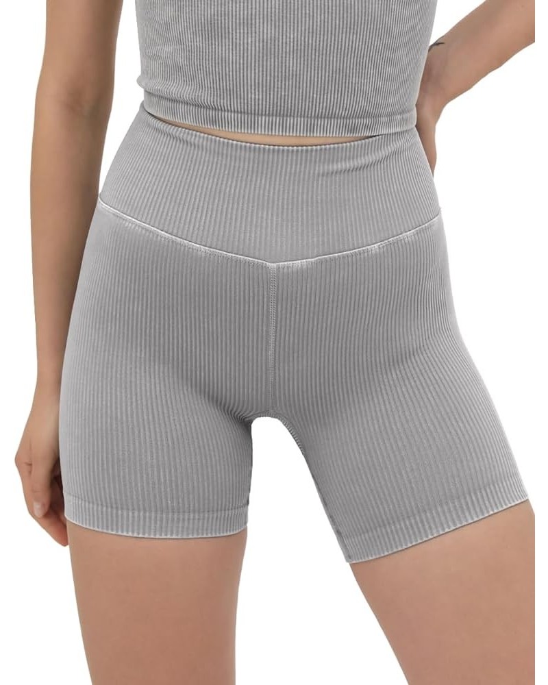 Seamless Yoga Shorts for Women, High Waist Butt Lifting Acid Washed Ribbed Workout Gym Running Biker Shorts 5 inches Grey $10...