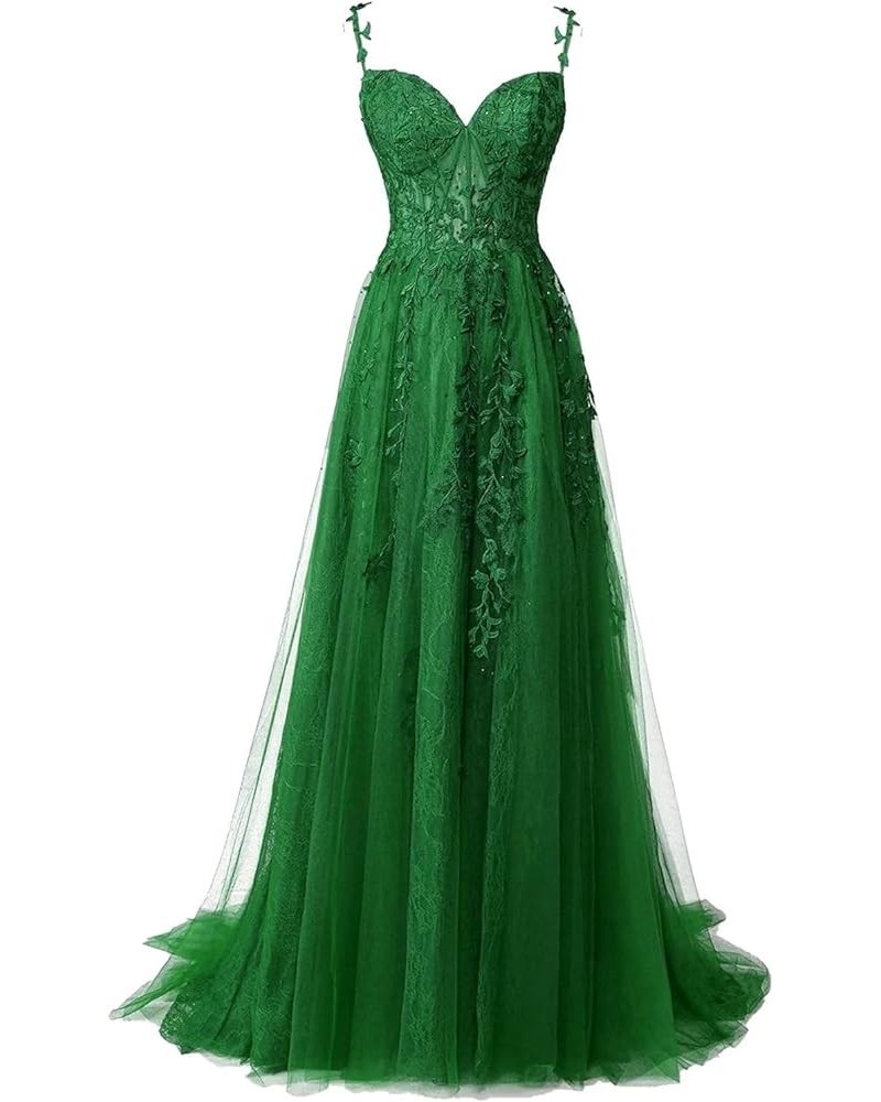 Lace Applique Tulle Prom Dress with Slit Spaghetti Straps A-Line Long Formal Evening Gowns for Women Green $45.04 Dresses