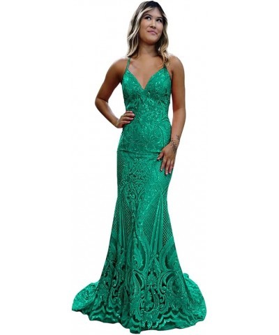 Sequin Mermaid Prom Dresses 2024 Spaghetti Straps Lace Applique Formal Evening Gowns Teal Green $42.50 Dresses