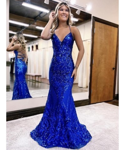 Sequin Mermaid Prom Dresses 2024 Spaghetti Straps Lace Applique Formal Evening Gowns Teal Green $42.50 Dresses