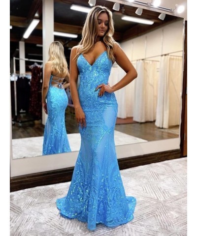 Sequin Mermaid Prom Dresses 2024 Spaghetti Straps Lace Applique Formal Evening Gowns Teal Green $42.50 Dresses