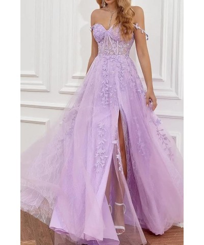 Lace Applique Tulle Prom Dress with Slit Spaghetti Straps A-Line Long Formal Evening Gowns for Women Green $45.04 Dresses