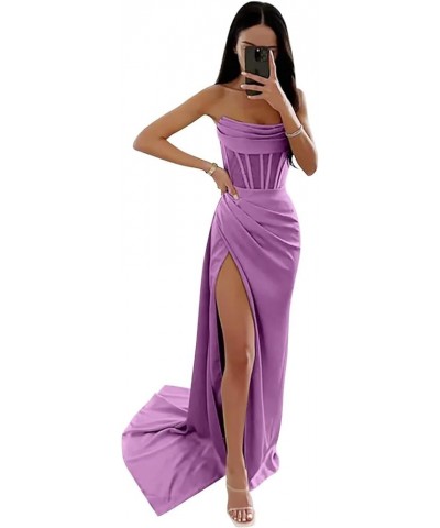 Strapless Long Prom Dresses for Women 2024 Mermaid Satin Formal Evening Dress with Slit Lilac $25.30 Dresses