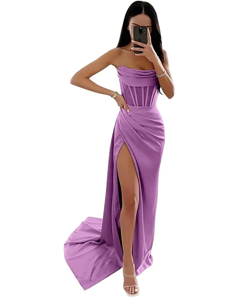 Strapless Long Prom Dresses for Women 2024 Mermaid Satin Formal Evening Dress with Slit Lilac $25.30 Dresses