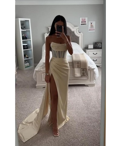 Strapless Long Prom Dresses for Women 2024 Mermaid Satin Formal Evening Dress with Slit Lilac $25.30 Dresses