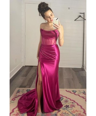 Strapless Long Prom Dresses for Women 2024 Mermaid Satin Formal Evening Dress with Slit Lilac $25.30 Dresses