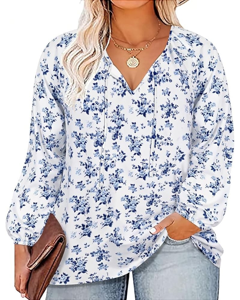 Womens Plus Size Floral Blouses Long/Short Sleeve Boho Tops V Neck Chiffon Shirts Drawstring Business Tunics XL-5XL 1b-white ...