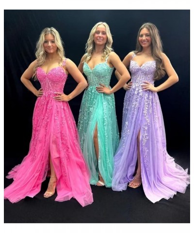 Lace Applique Tulle Prom Dress with Slit Spaghetti Straps A-Line Long Formal Evening Gowns for Women Green $45.04 Dresses