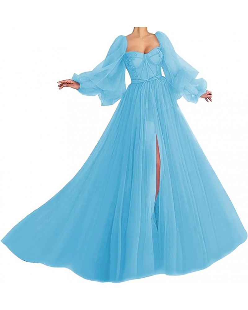 Women's Puffy Sleeve Prom Dress Ball Gown Tulle Sweetheart Wedding Formal Evening Dresses with Split Sky Blue $38.25 Dresses