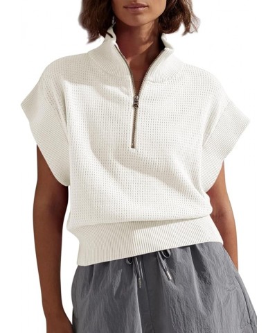 Womens Short Sleeve Cropped Knit Tops Half Zip Cap Sleeve Lightweight Oversized Sweater Vest White $16.17 Sweaters