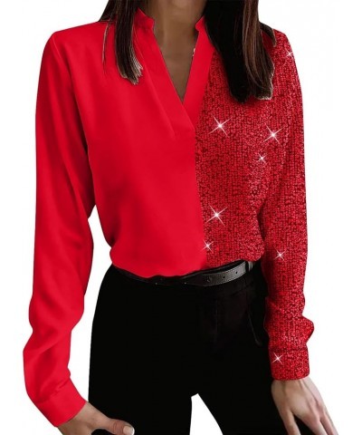 Sequin Shirts for Women Long Sleeve Fashion Color Block V Neck Glitter Sparkly Party Night Disco Pullover Tops Blouse Red $14...